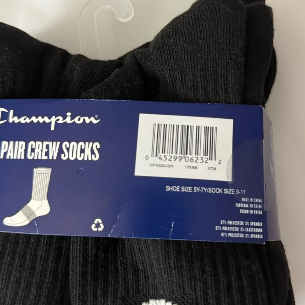 BRAND NEW Champion 6pairs Youth Black Crew Socks